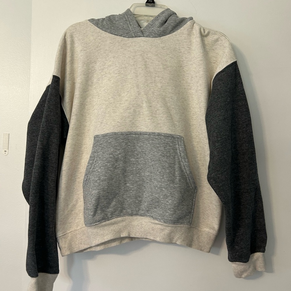 Fabletics Men's Two-Tone Crewneck Hoodie in Light Gray and Dark Gray